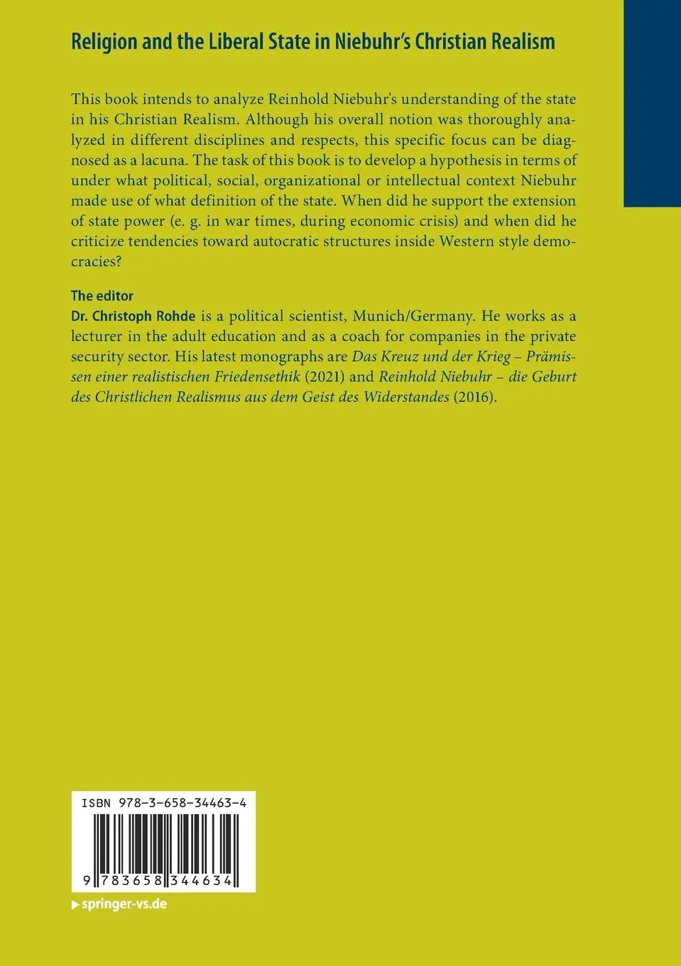 Rückseite: 9783658344634 | Religion and the Liberal State in Niebuhr's Christian Realism | Rohde