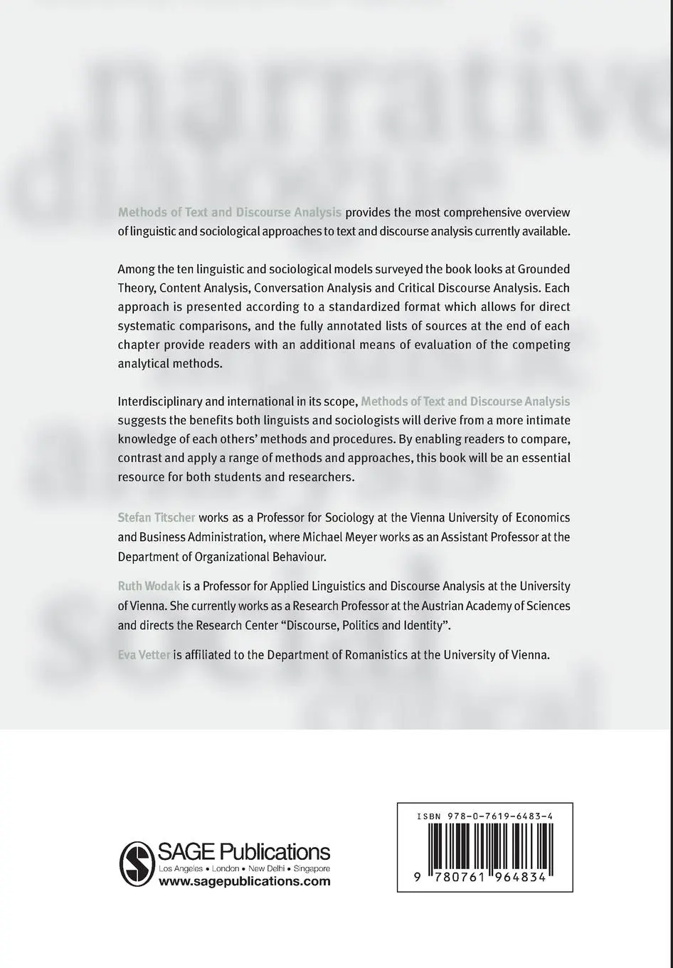 Rückseite: 9780761964834 | Methods of Text and Discourse Analysis | In Search of Meaning | Buch