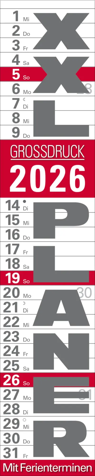 Cover: 9783731884934 | XXL Planer Großdruck rot 2026 | Verlag Korsch | Kalender | 13 S.