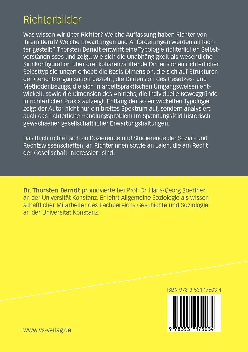 Rückseite: 9783531175034 | Richterbilder | Dimensionen richterlicher Selbsttypisierungen | Berndt