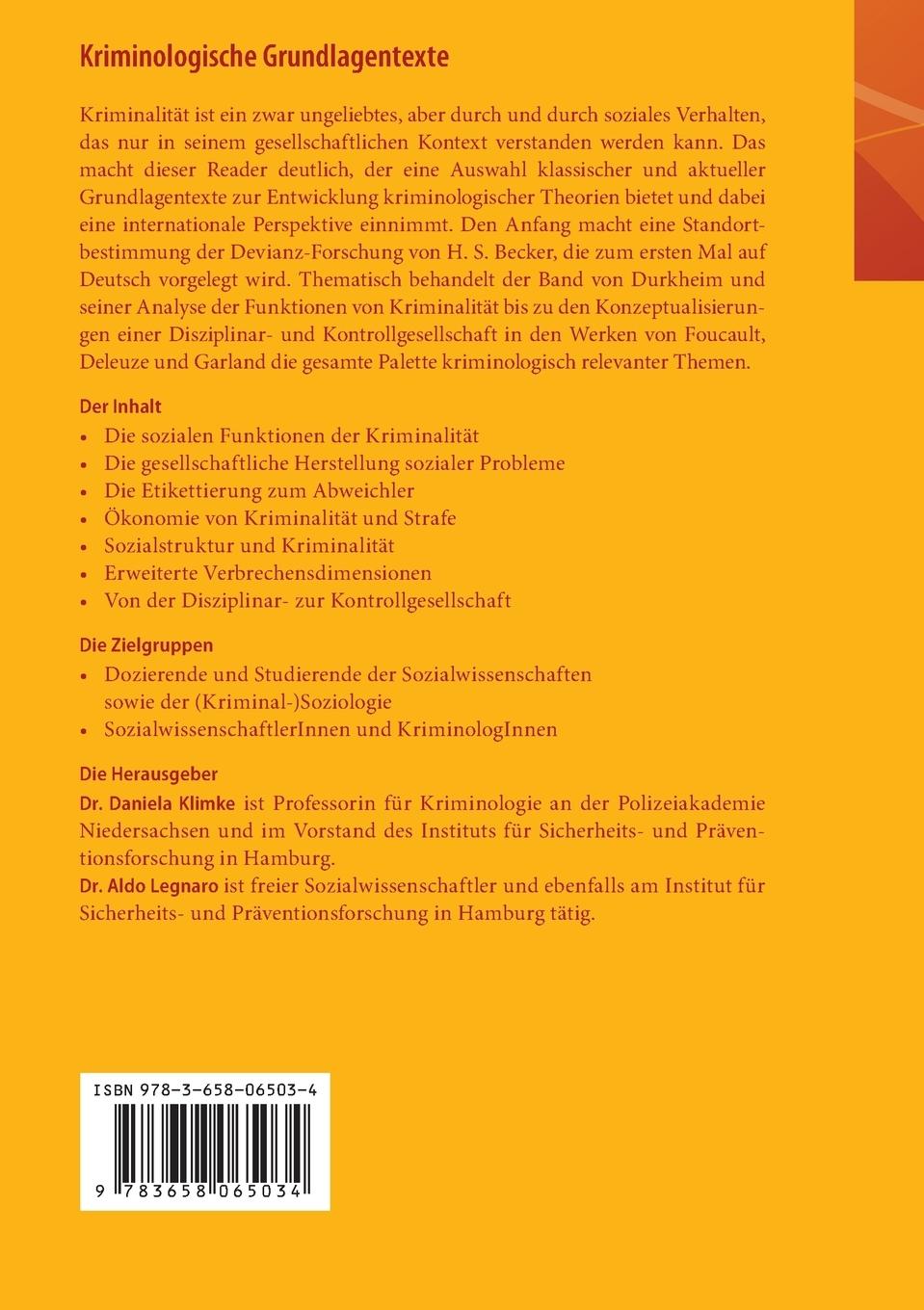 Rückseite: 9783658065034 | Kriminologische Grundlagentexte | Aldo Legnaro (u. a.) | Taschenbuch