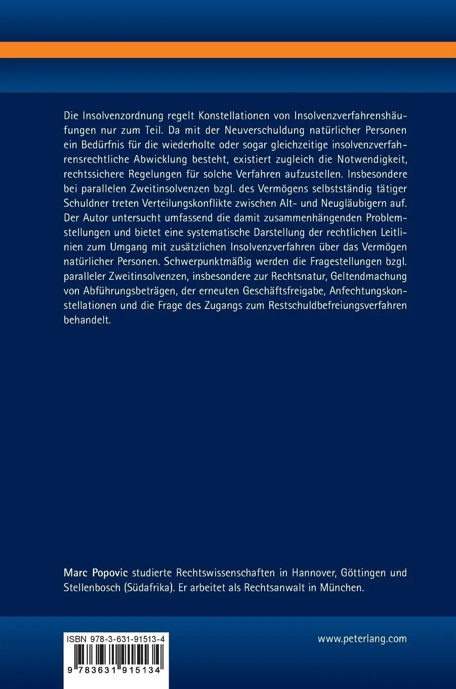 Rückseite: 9783631915134 | Zweit- und Mehrfachinsolvenzen | Marc Popovic | Buch | Deutsch | 2024