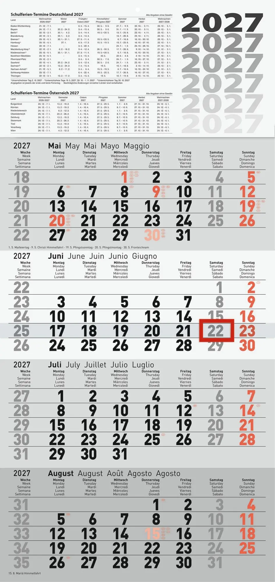 Cover: 4003273795334 | rido/idé 7033420007 4-Monatskalender 2027 grau, 300×630 mm | Buch