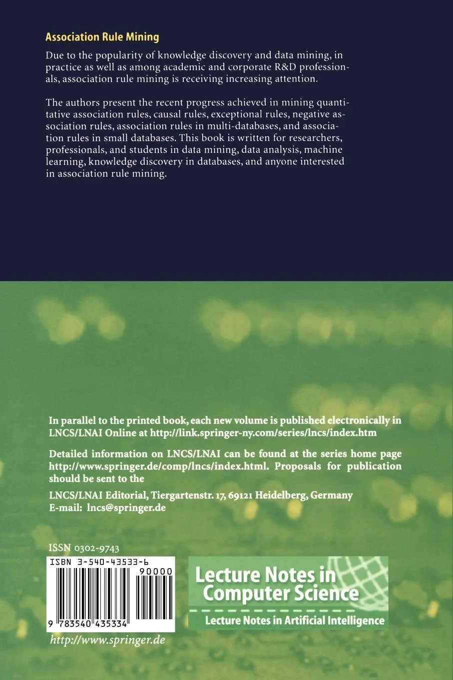 Rückseite: 9783540435334 | Association Rule Mining | Models and Algorithms | Zhang (u. a.) | Buch