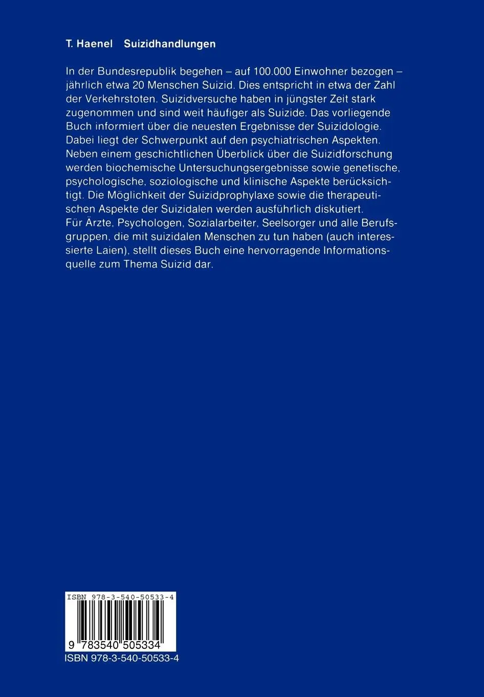 Rückseite: 9783540505334 | Suizidhandlungen | Neue Aspekte der Suizidologie | Thomas Haenel | ix