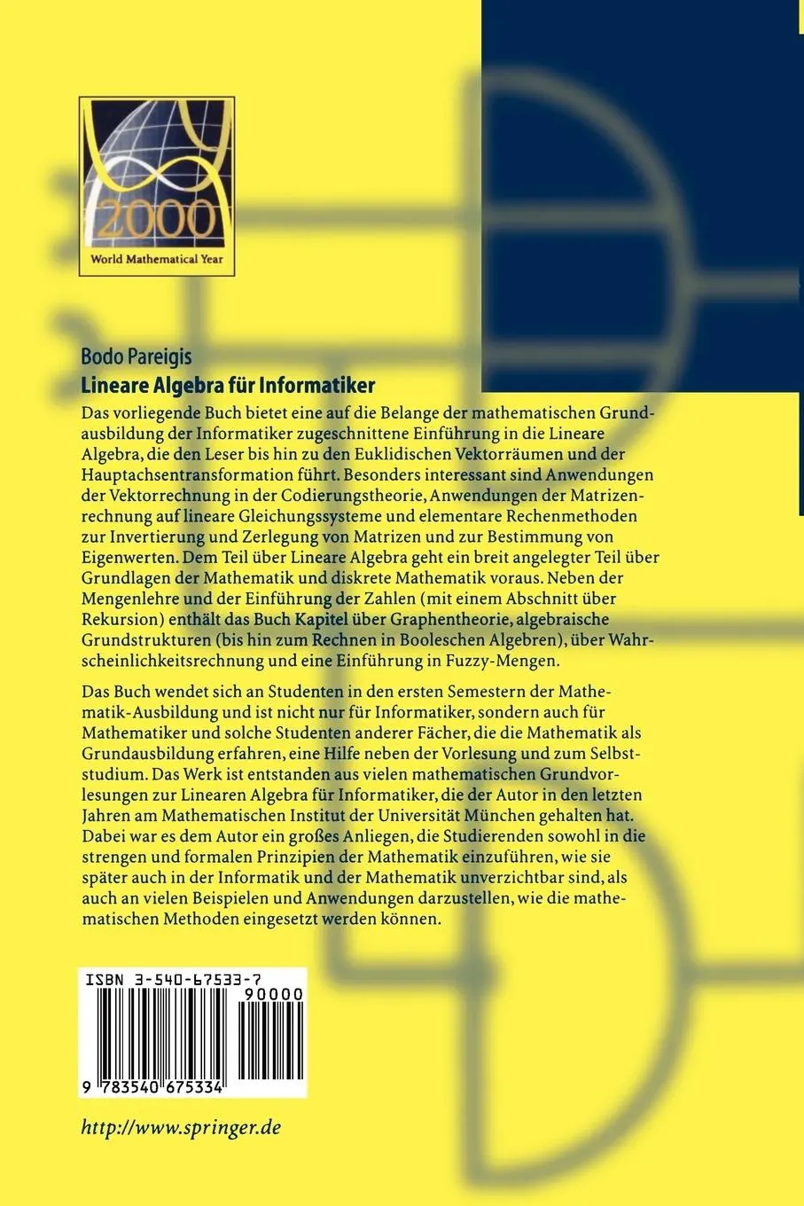 Rückseite: 9783540675334 | Lineare Algebra für Informatiker | Bodo Pareigis | Taschenbuch | viii