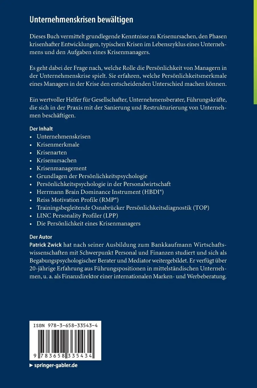 Rückseite: 9783658335434 | Unternehmenskrisen bewältigen | Patrick Zwick | Buch | xvii | Deutsch