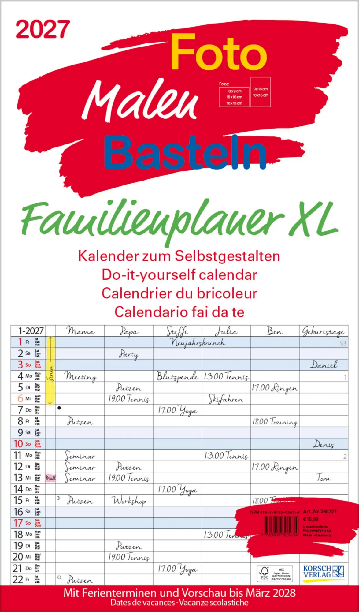 Cover: 9783819305634 | Foto-Malen-Basteln Familienplaner XL 2027 | Verlag Korsch | Kalender