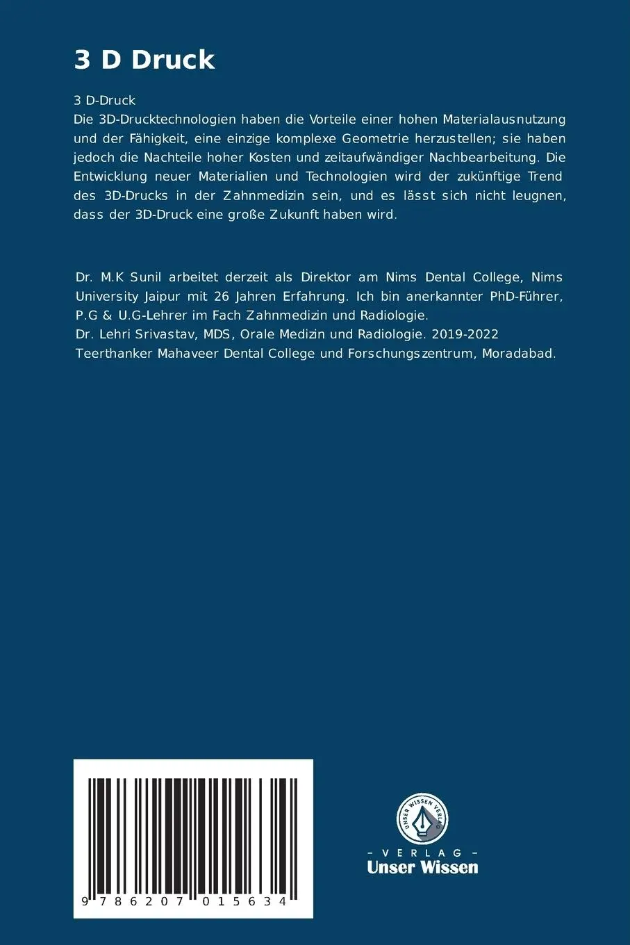 Rückseite: 9786207015634 | 3 D Druck | Fortgeschrittener 3-D-Druck | M. K. Sunil (u. a.) | Buch
