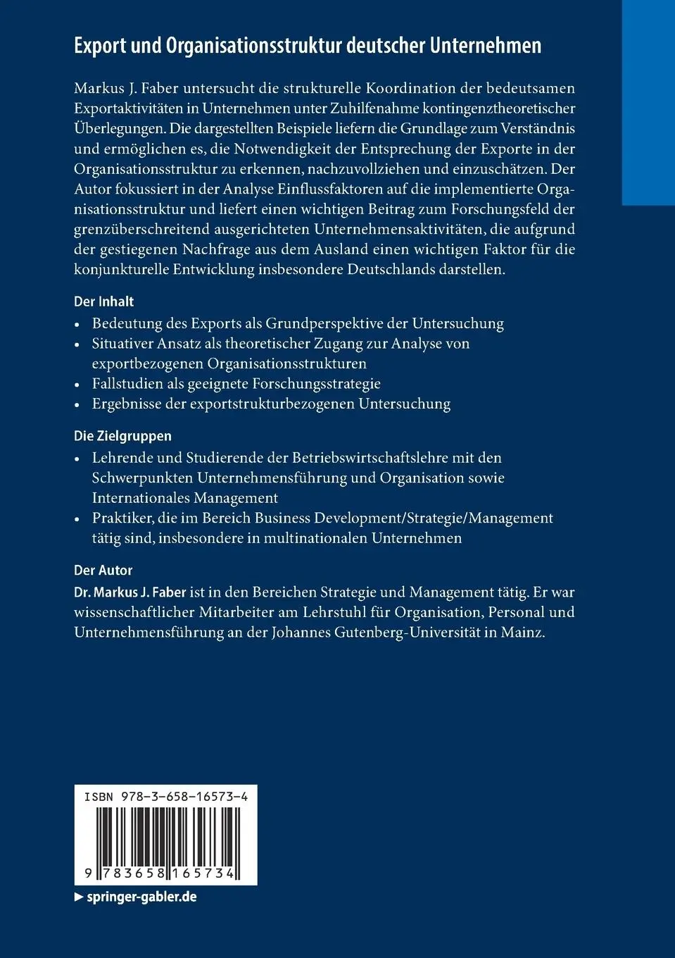 Rückseite: 9783658165734 | Export und Organisationsstruktur deutscher Unternehmen | Faber | Buch