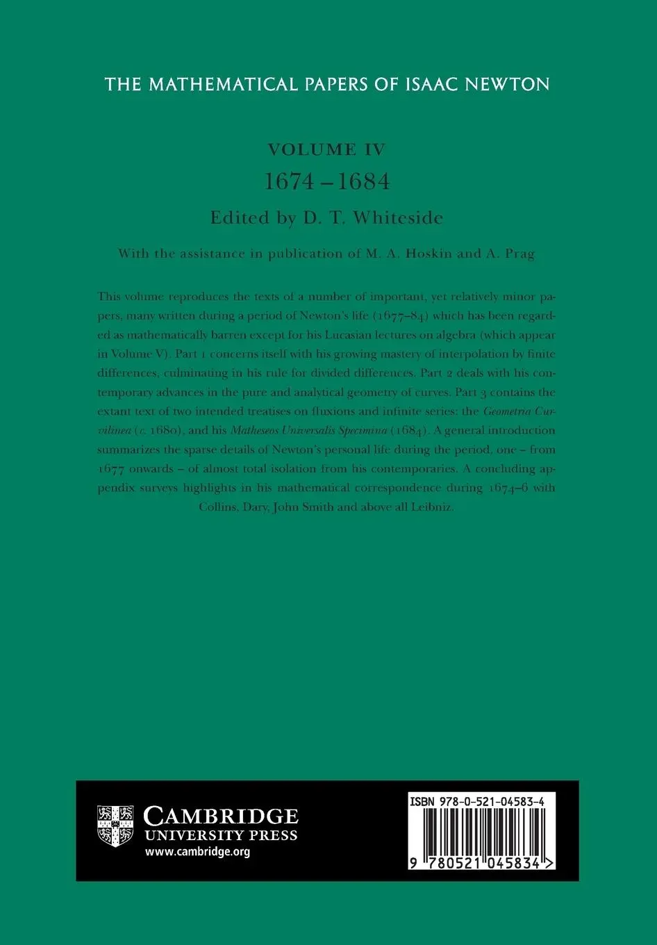 Rückseite: 9780521045834 | The Mathematical Papers of Isaac Newton | Volume 4, 1674 1684 | Newton