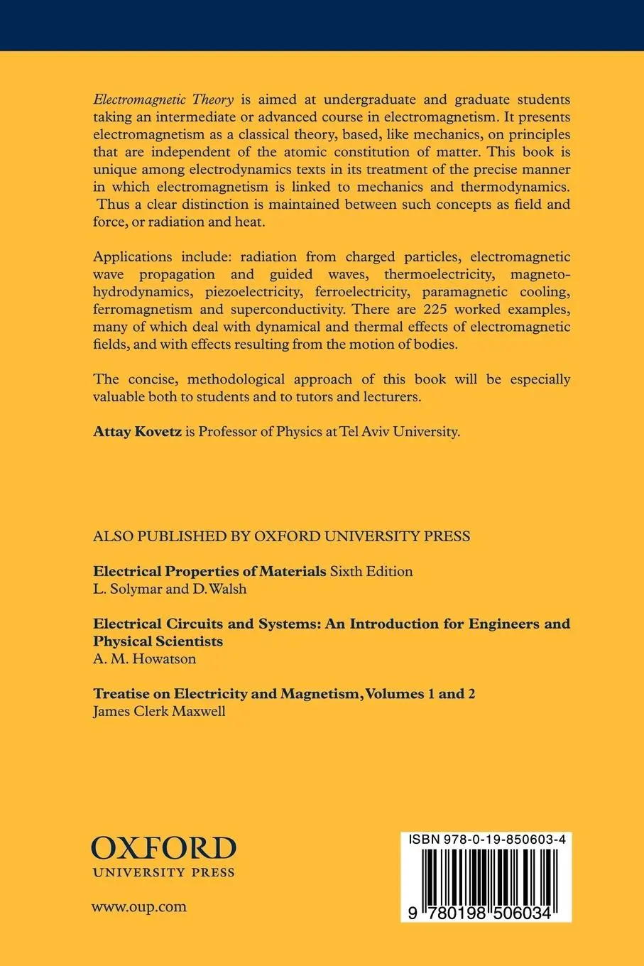 Rückseite: 9780198506034 | Electromagnetic Theory | Attay Kovetz (u. a.) | Taschenbuch | Englisch