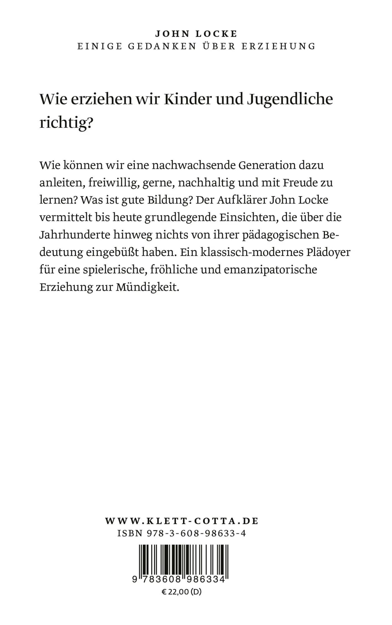 Rückseite: 9783608986334 | Einige Gedanken über Erziehung | John Locke | Taschenbuch | 320 S.