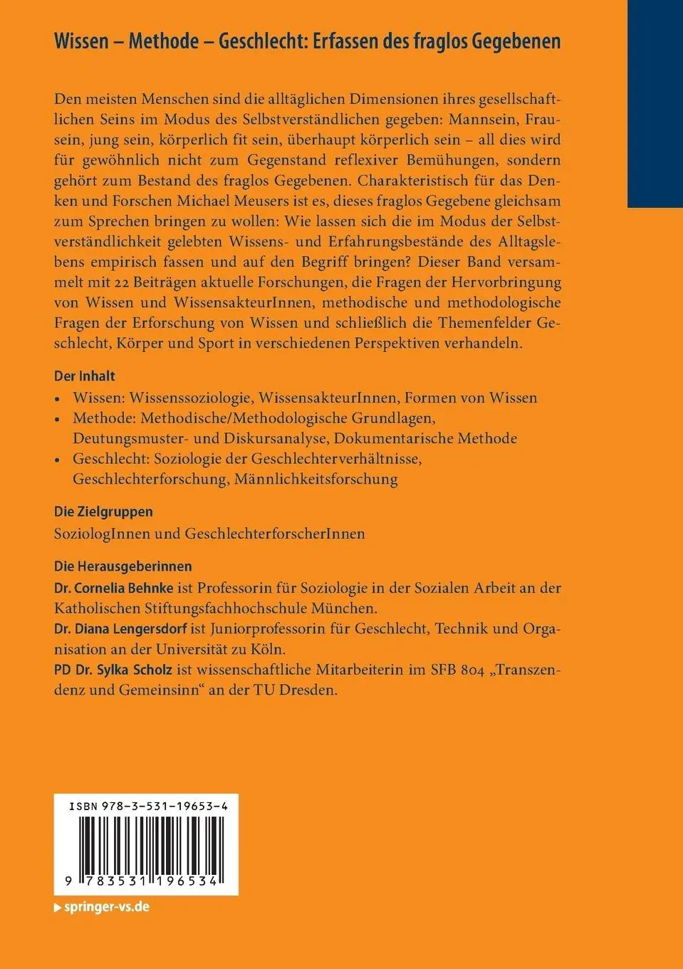 Rückseite: 9783531196534 | Wissen - Methode - Geschlecht: Erfassen des fraglos Gegebenen | Buch