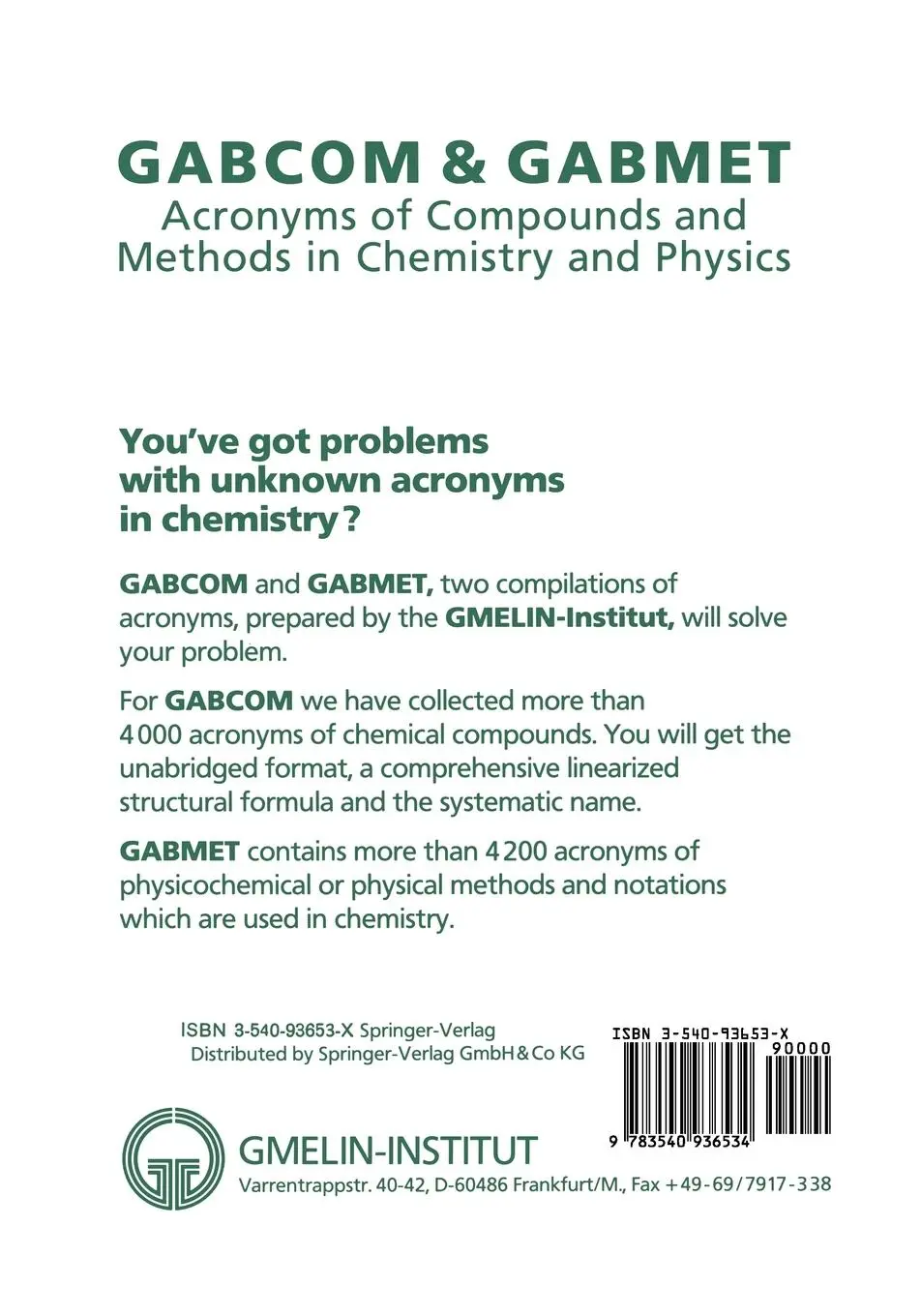 Rückseite: 9783540936534 | GABCOM &amp; GABMET | Gmelin Institut | Taschenbuch | v | Englisch | 1993
