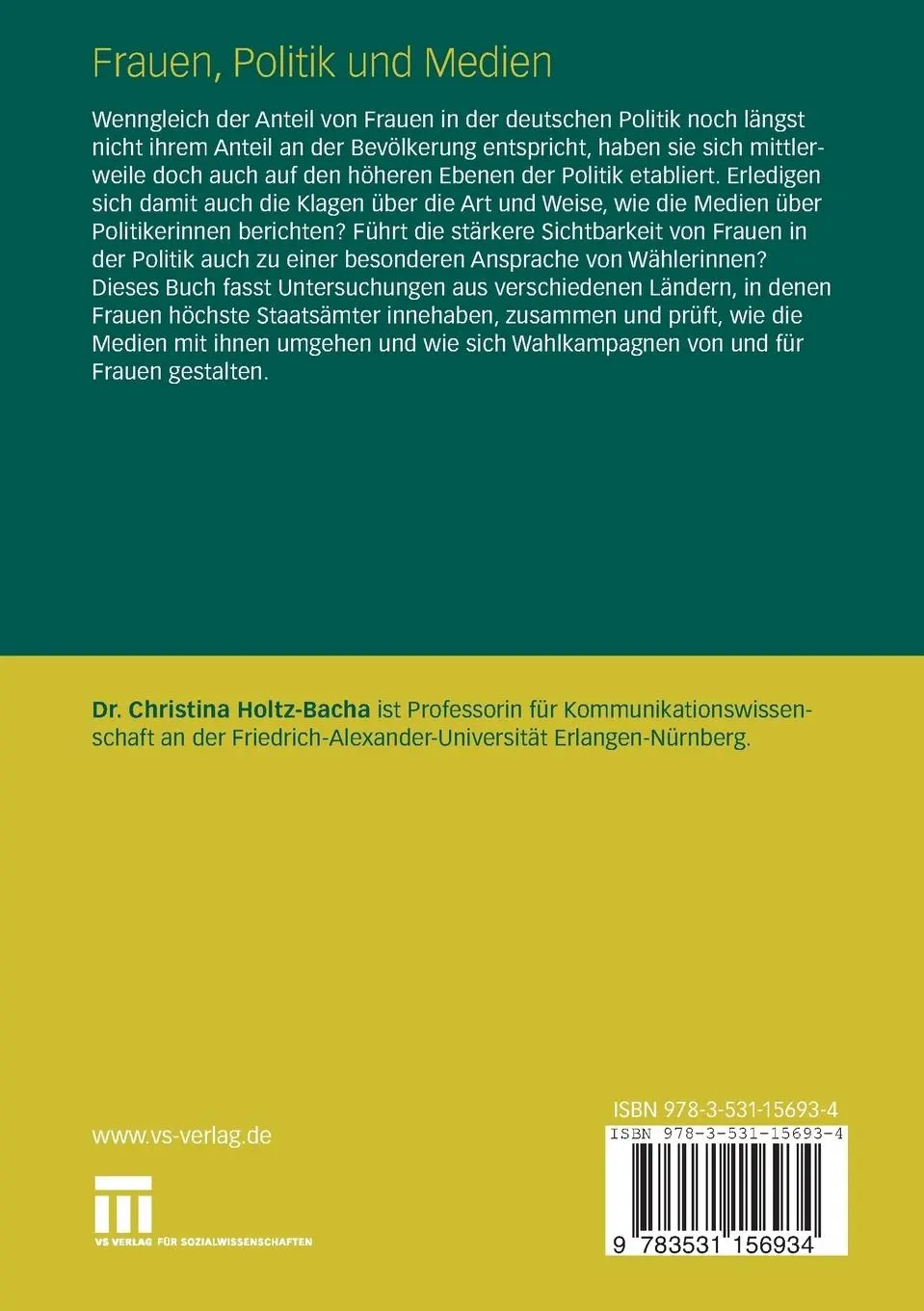 Rückseite: 9783531156934 | Frauen, Politik und Medien | Christina Holtz-Bacha | Taschenbuch | iv
