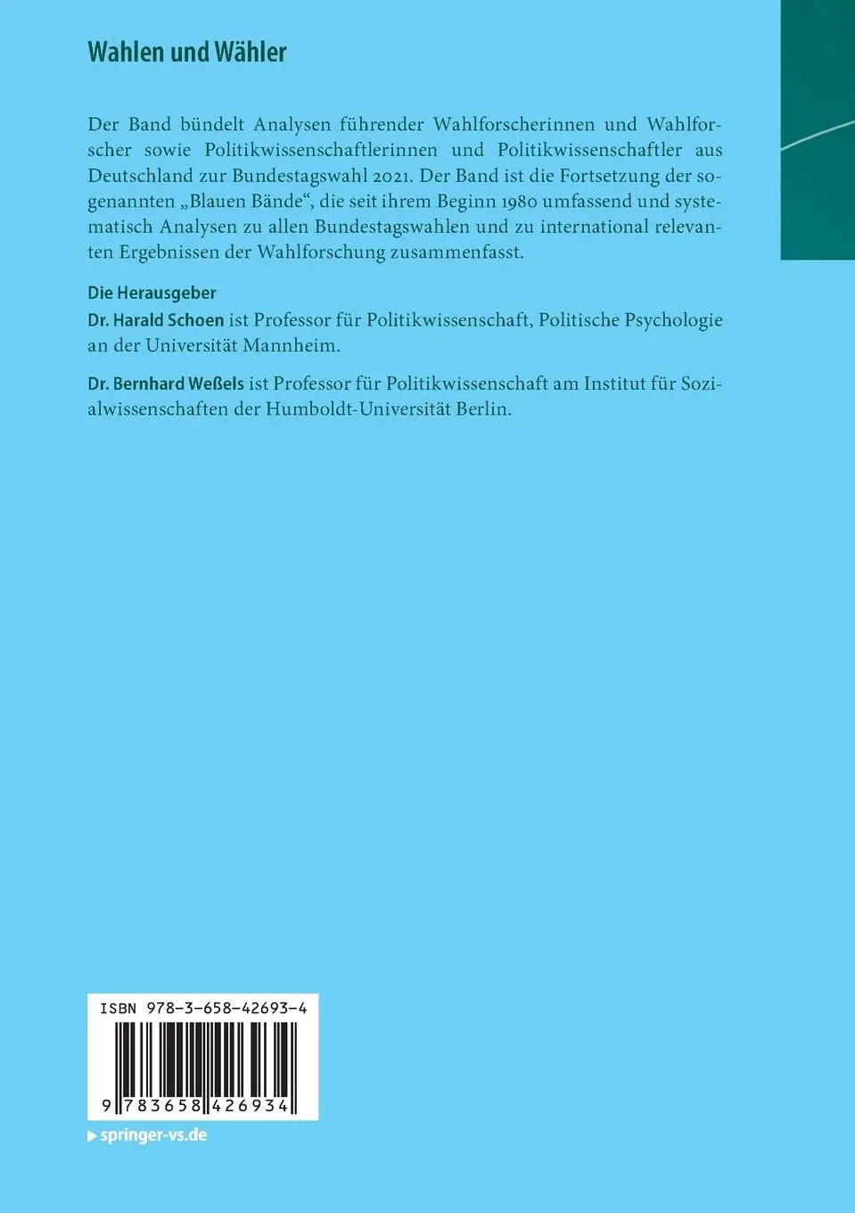 Rückseite: 9783658426934 | Wahlen und Wähler | Analysen zur Bundestagswahl 2021 | Weßels (u. a.)
