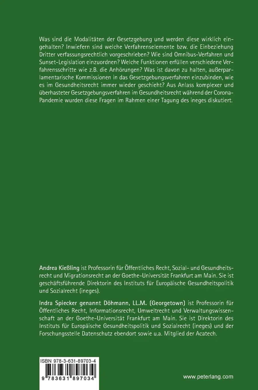 Rückseite: 9783631897034 | Die Kunst der Gesetzgebung | Andrea Kießling (u. a.) | Buch | Deutsch