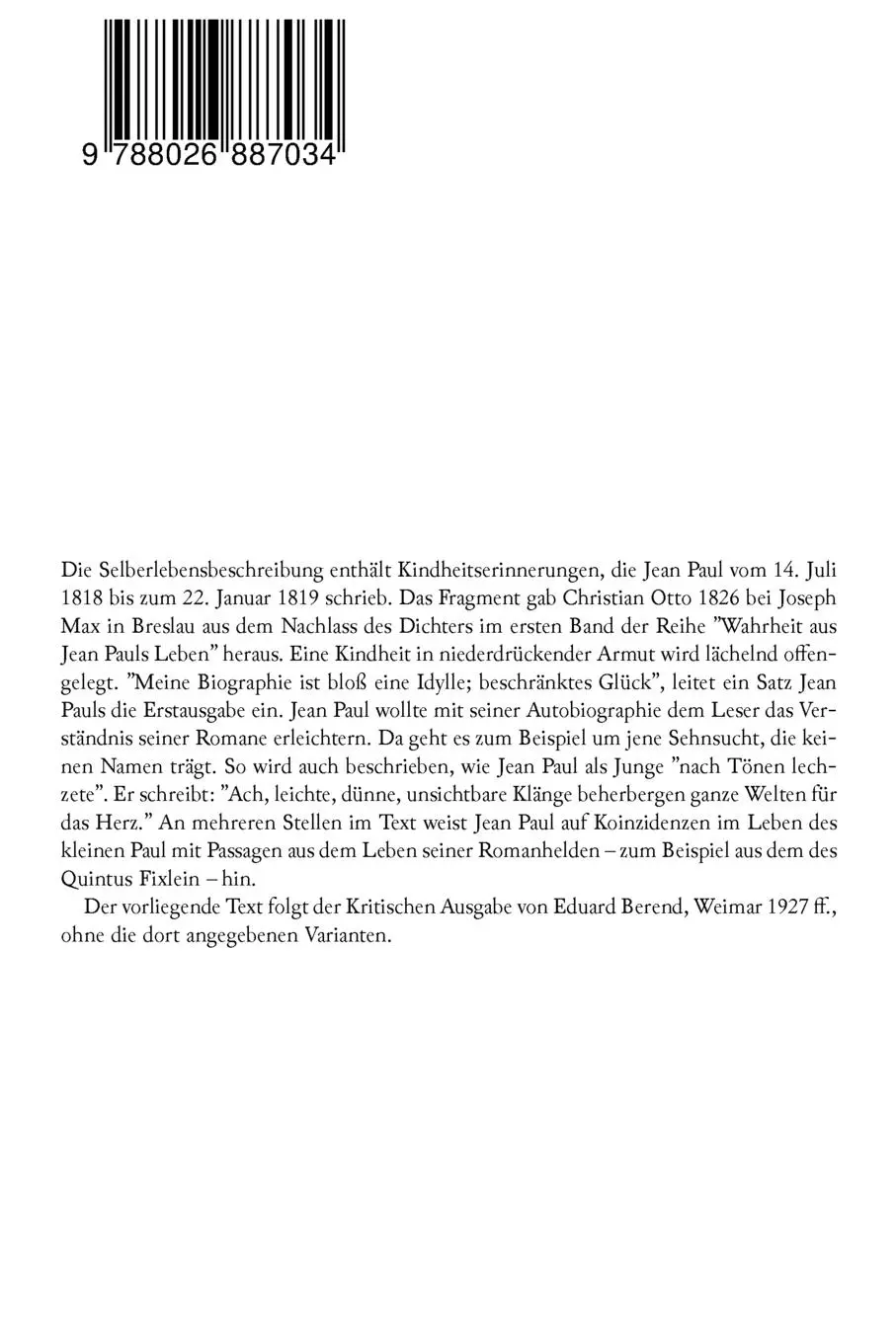 Rückseite: 9788026887034 | Selberlebensbeschreibung - Kindheitserinnerungen | Jean Paul | Buch