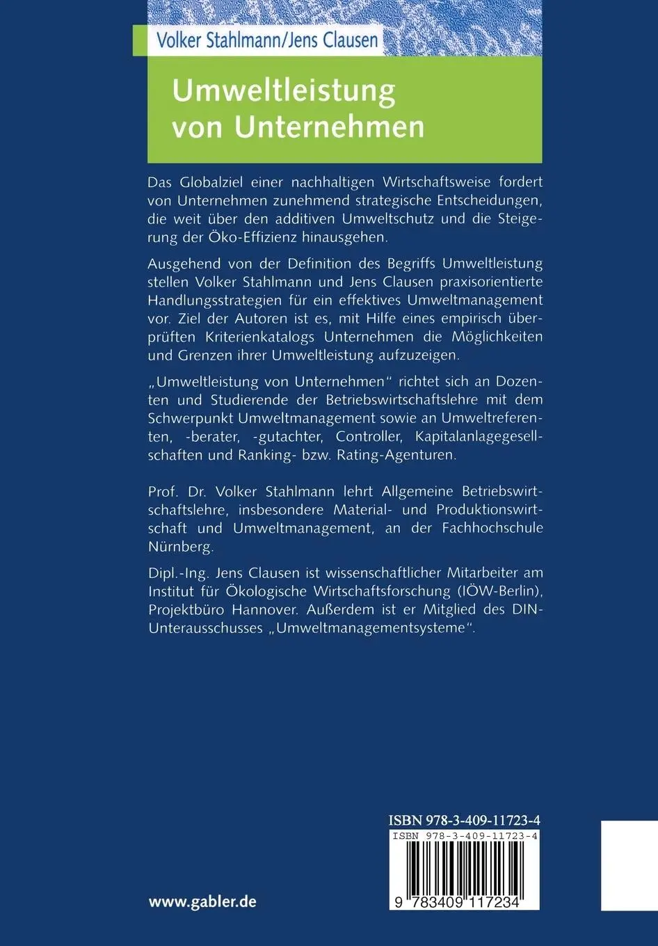 Rückseite: 9783409117234 | Umweltleistung von Unternehmen | Volker Stahlmann | Taschenbuch | xiv