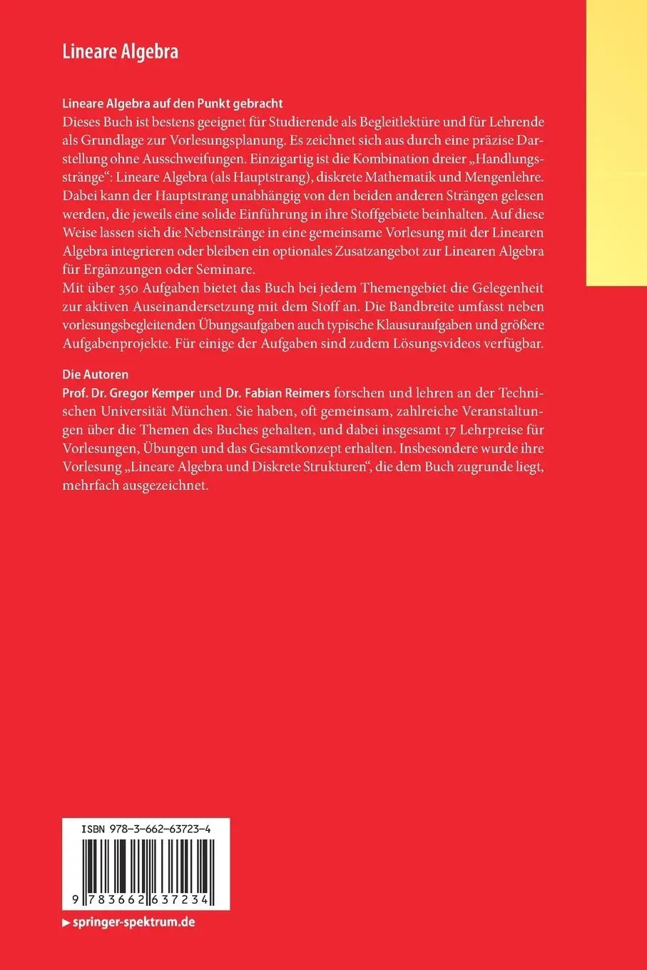 Rückseite: 9783662637234 | Lineare Algebra | Fabian Reimers (u. a.) | Taschenbuch | ix | Deutsch