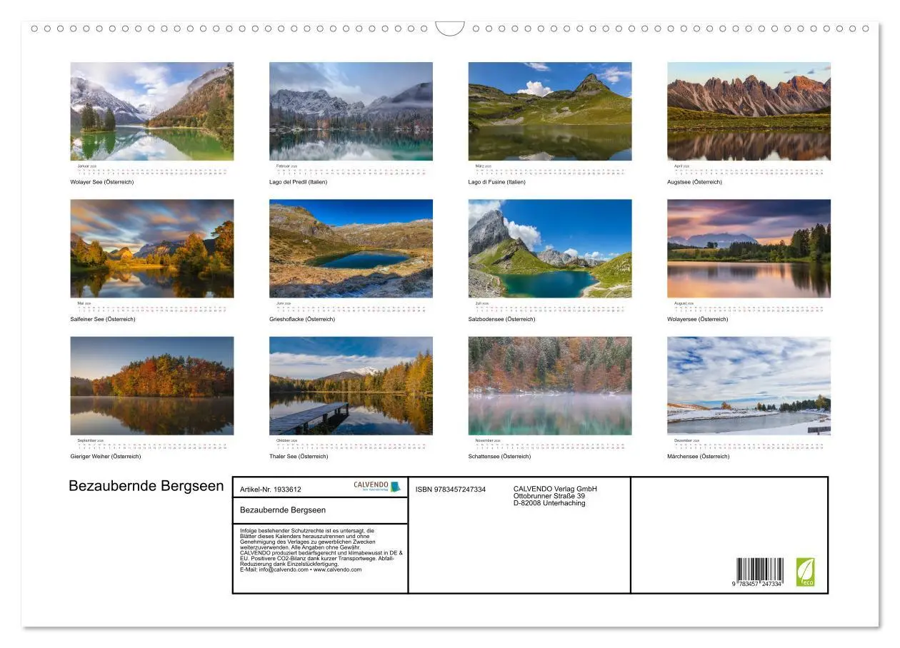 Bild: 9783457247334 | Bezaubernde Bergseen (Wandkalender 2026 DIN A2 quer), CALVENDO...