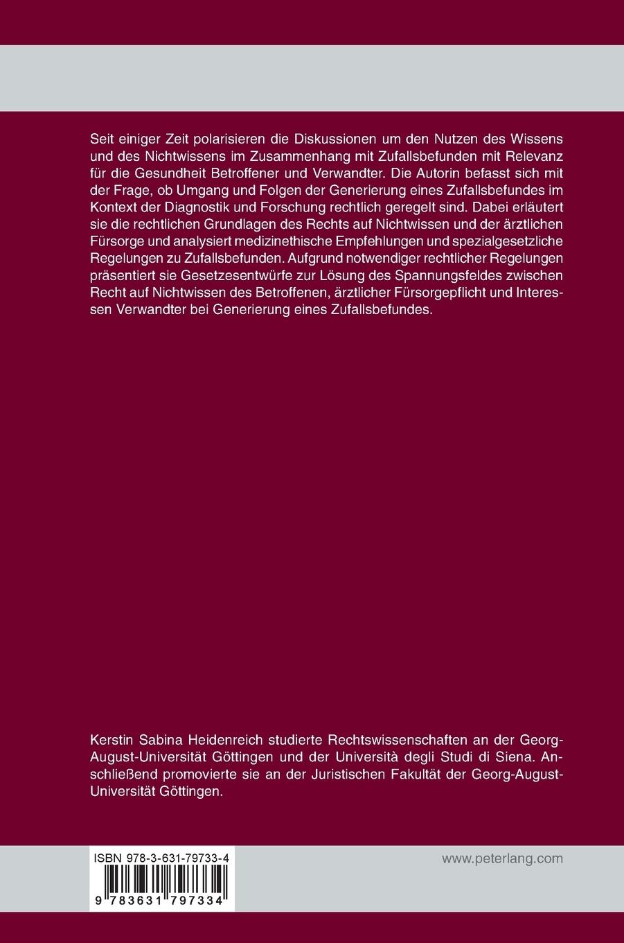Rückseite: 9783631797334 | Medizinische Zufallsbefunde in der Diagnostik und Forschung | Buch