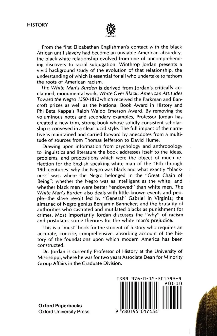 Rückseite: 9780195017434 | The White Man's Burden | Winthrop D. Jordan | Taschenbuch | Englisch