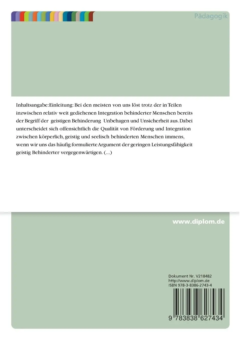 Rückseite: 9783838627434 | Einzelfallhilfe in Familien mit geistig behinderten Kindern | Bruß