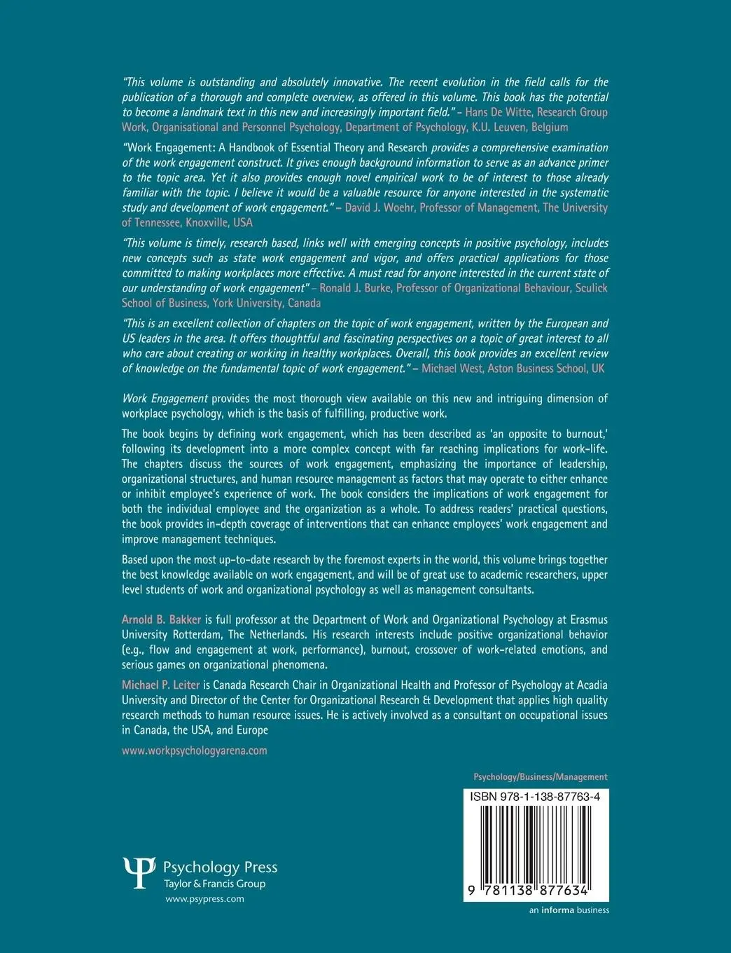 Rückseite: 9781138877634 | Work Engagement | A Handbook of Essential Theory and Research | Buch