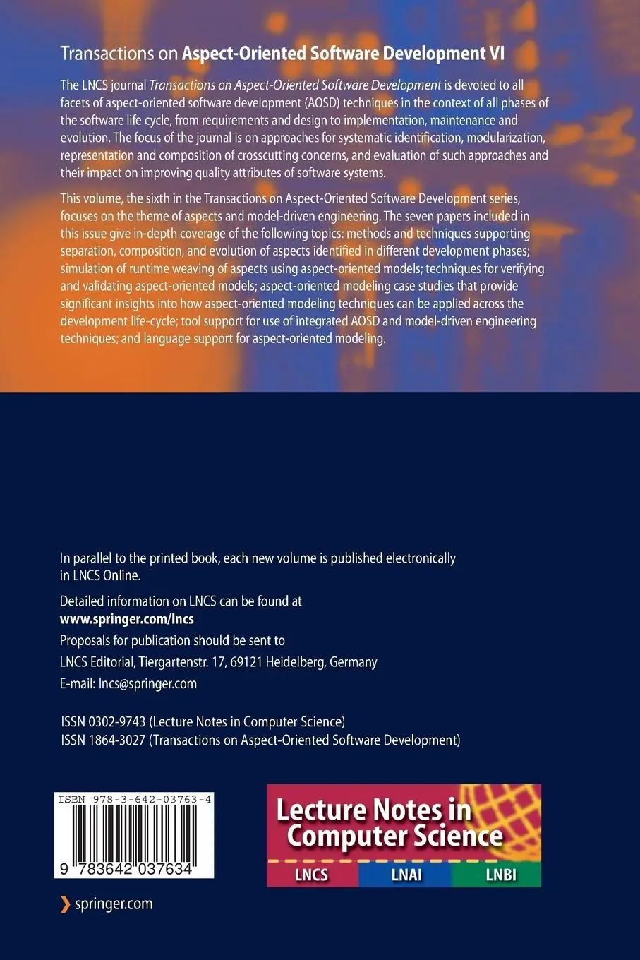 Rückseite: 9783642037634 | Transactions on Aspect-Oriented Software Development VI | Katz (u. a.)