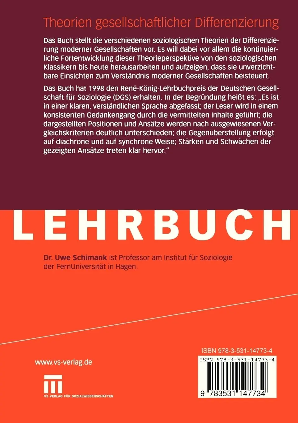Rückseite: 9783531147734 | Theorien gesellschaftlicher Differenzierung | Uwe Schimank | Buch
