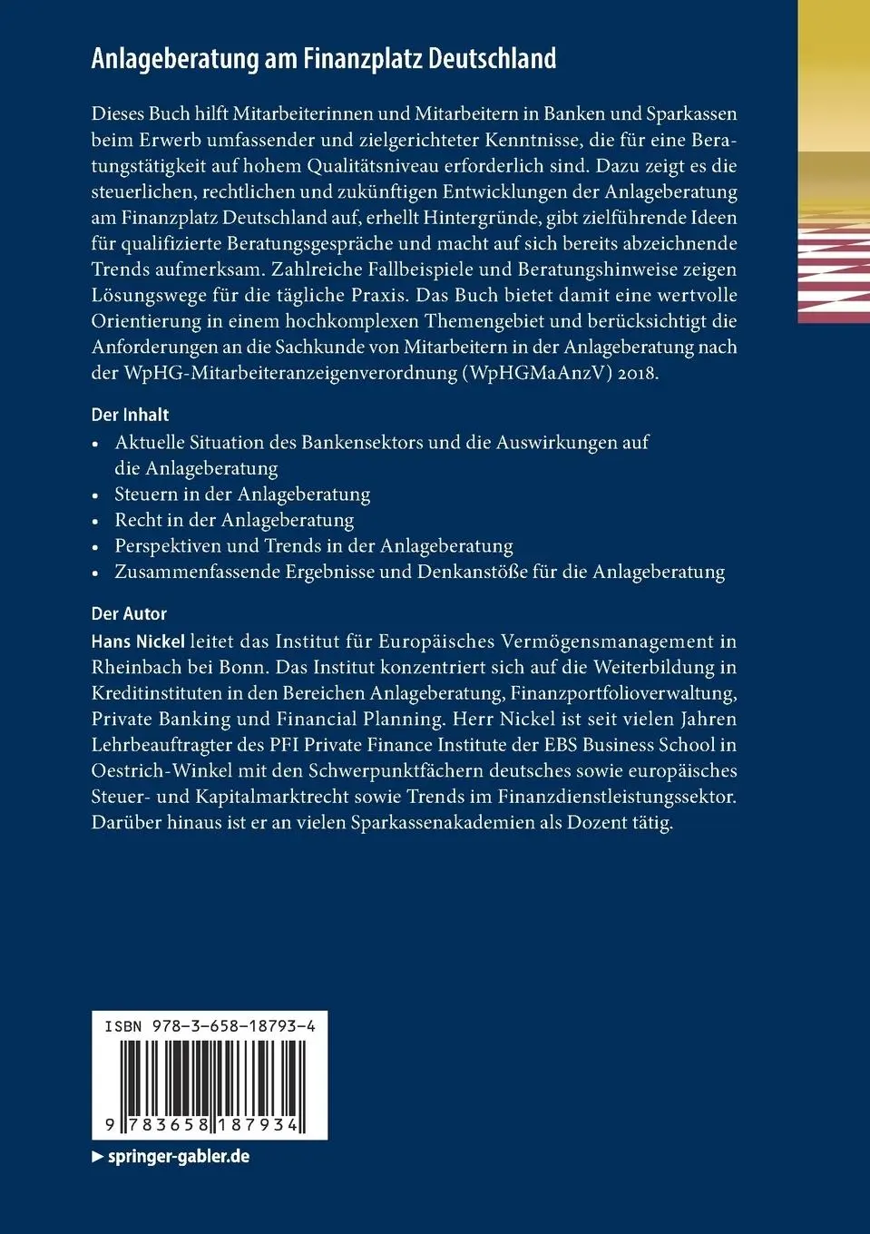 Rückseite: 9783658187934 | Anlageberatung am Finanzplatz Deutschland | Steuern, Recht, Trends