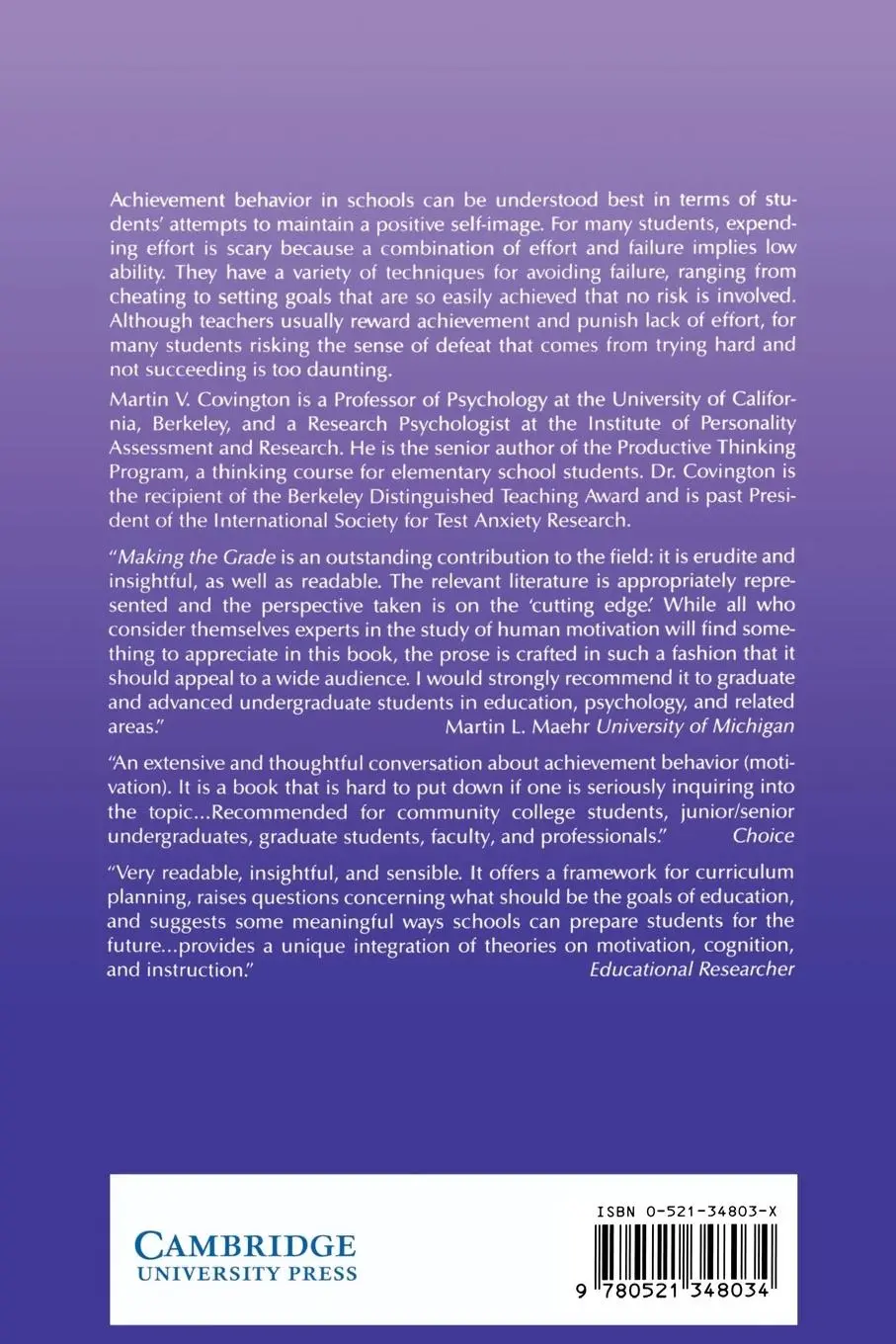 Rückseite: 9780521348034 | Making the Grade | Martin V. Covington | Taschenbuch | Englisch | 2002