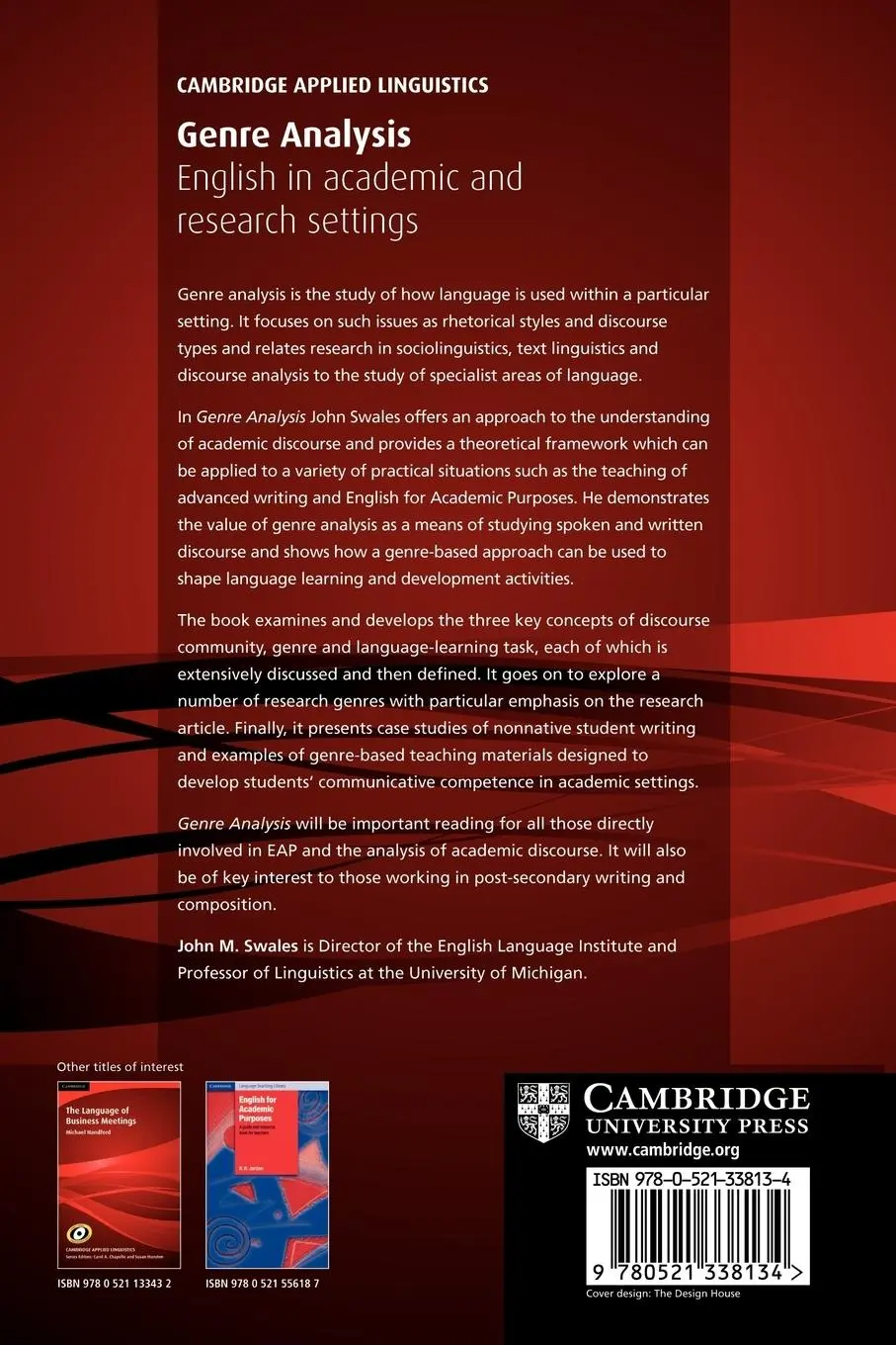 Rückseite: 9780521338134 | Genre Analysis | English in Academic and Research Settings | Swales