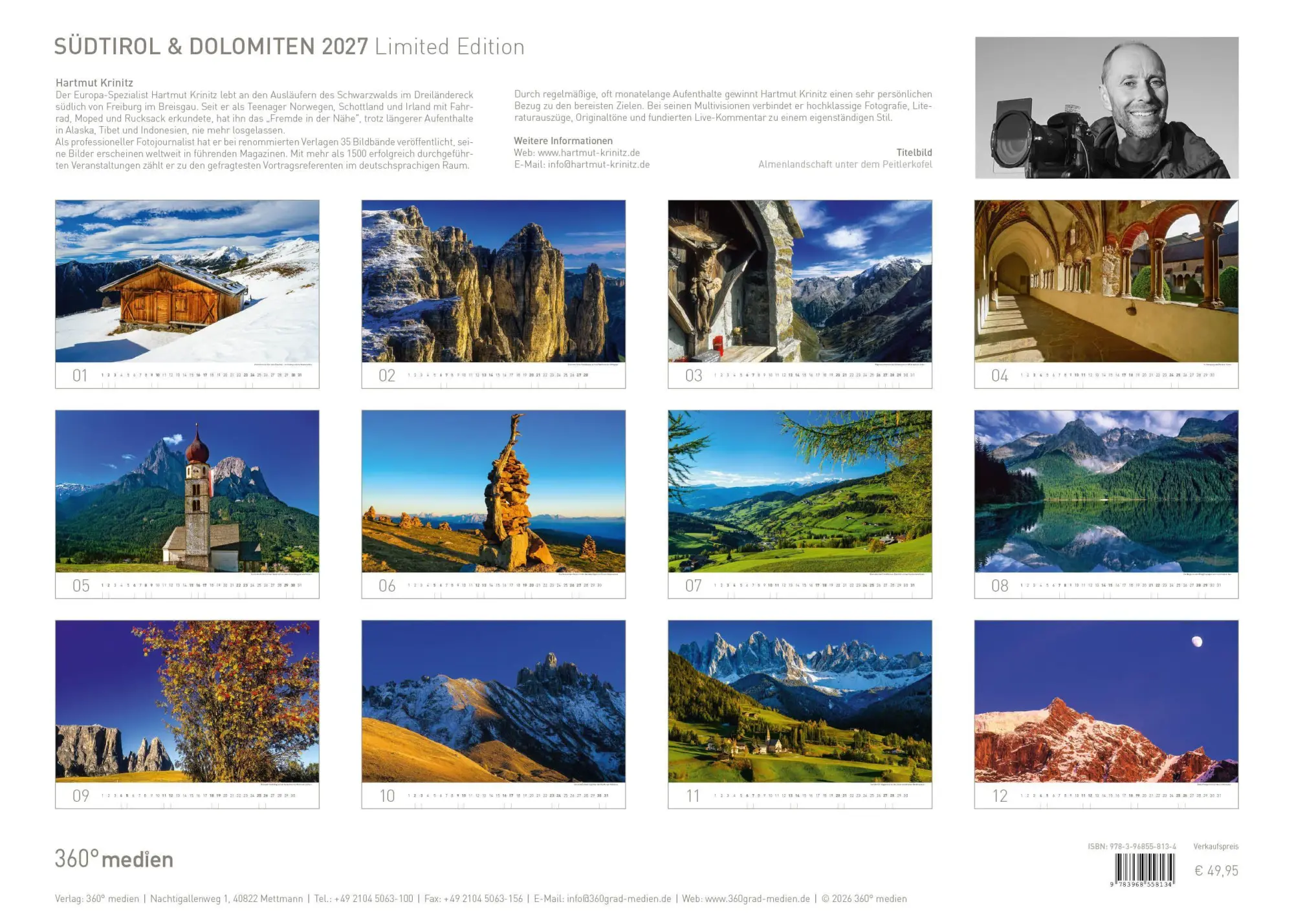 Rückseite: 9783968558134 | Südtirol &amp; Dolomiten Exklusivkalender 2027 | Hartmut Krinitz | 14 S.