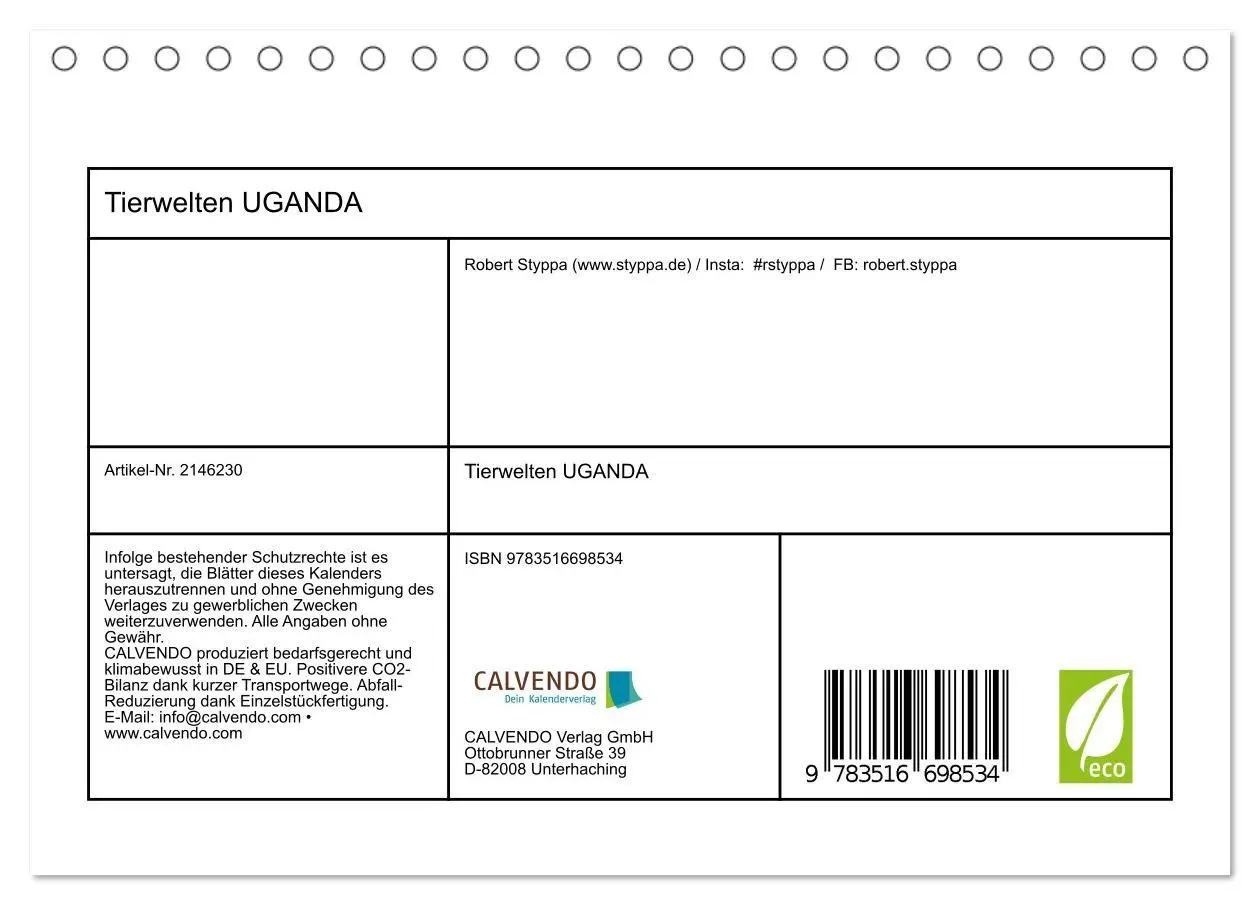 Bild: 9783516698534 | Tierwelten UGANDA (Tischkalender 2026 DIN A5 quer), CALVENDO...