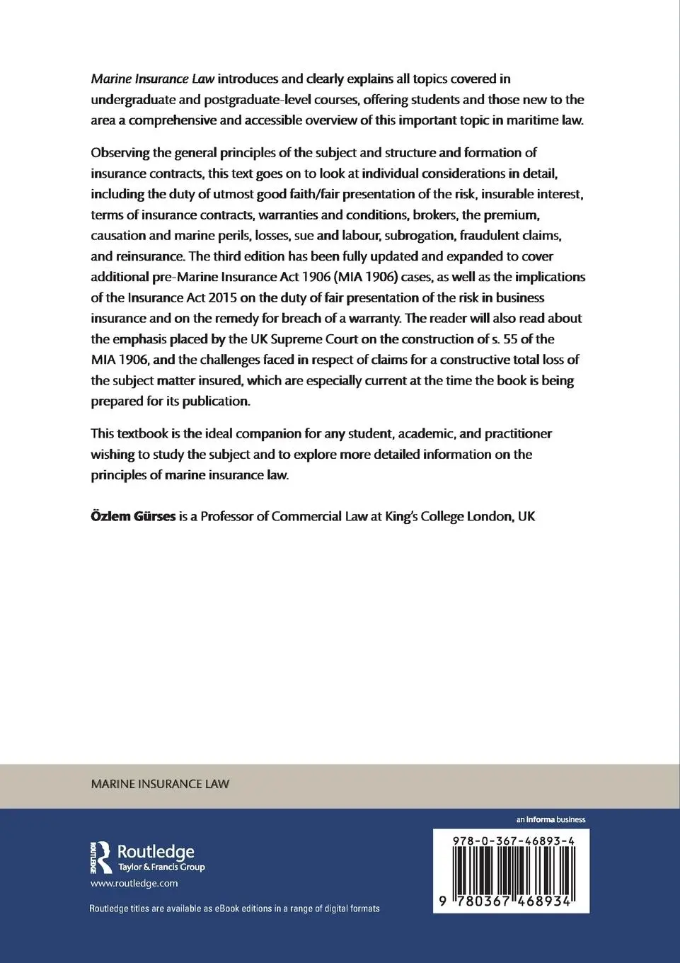 Rückseite: 9780367468934 | Marine Insurance Law | Özlem Gürses | Taschenbuch | Englisch | 2023