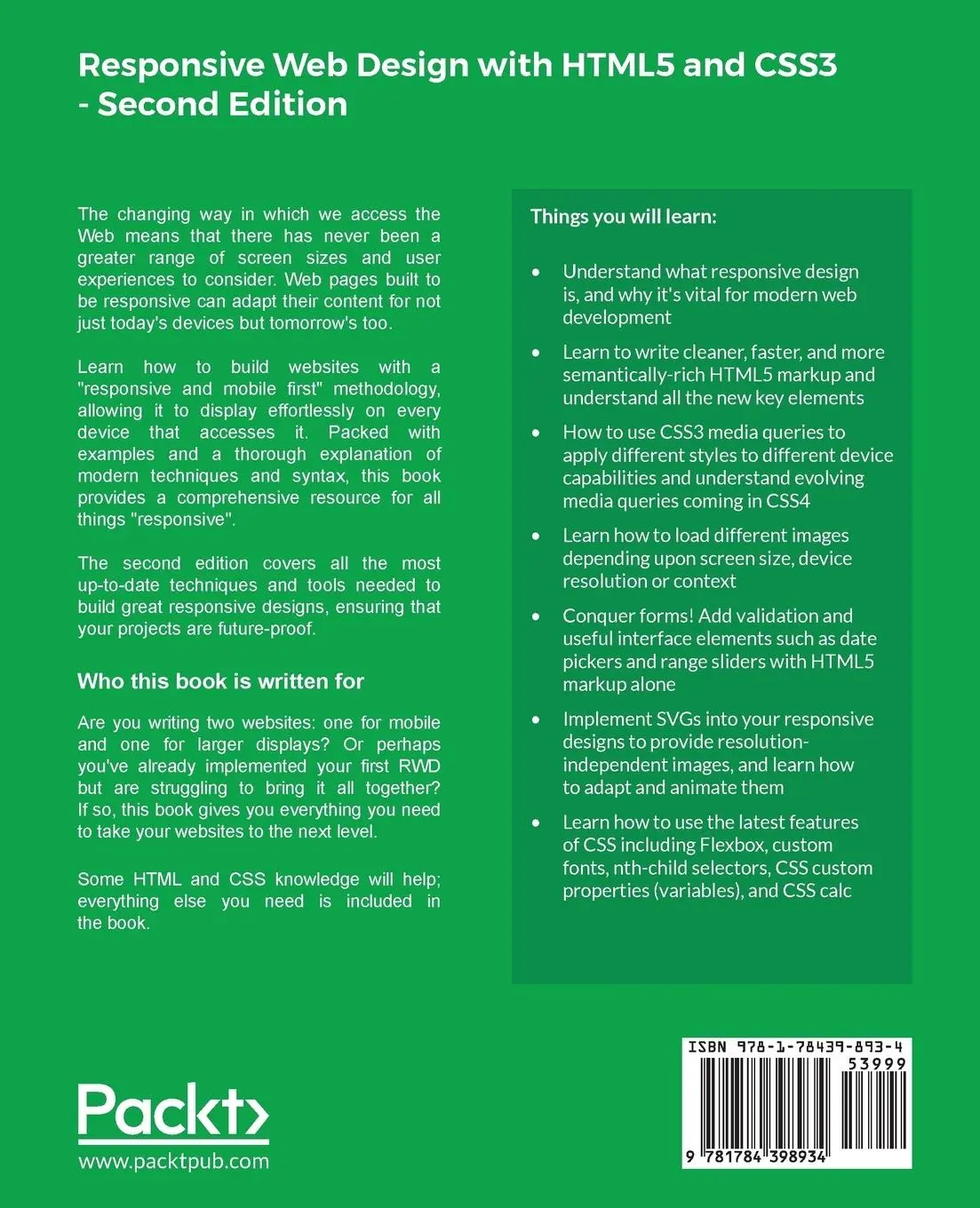 Rückseite: 9781784398934 | Responsive Web Design with HTML5 and CSS3 - Second Edition | Ben Frain