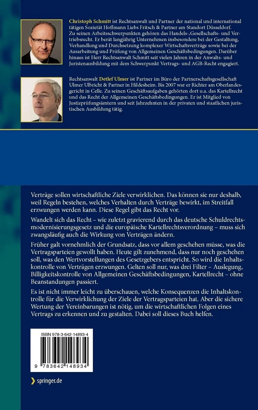 Rückseite: 9783642148934 | Wirtschaftsverträge rechtssicher gestalten | Detlef Ulmer (u. a.) | xi