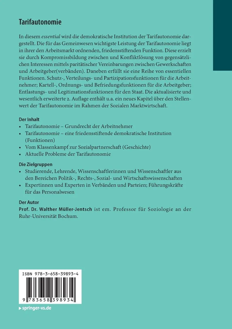 Rückseite: 9783658398934 | Tarifautonomie | Walther Müller-Jentsch | Taschenbuch | IX | Deutsch
