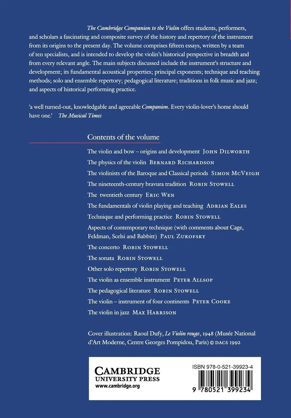 Rückseite: 9780521399234 | The Cambridge Companion to the Violin | Robin Stowell (u. a.) | Buch