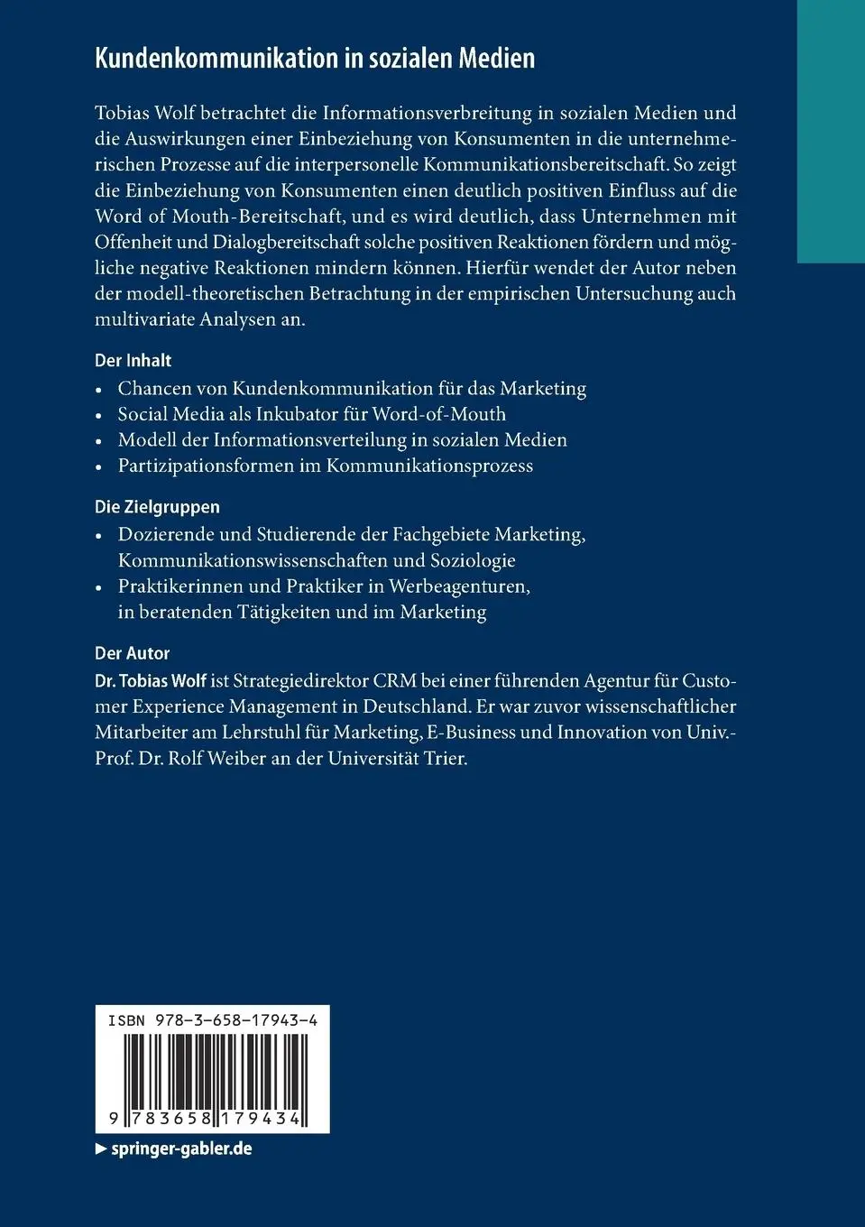Rückseite: 9783658179434 | Kundenkommunikation in sozialen Medien | Tobias Wolf | Taschenbuch