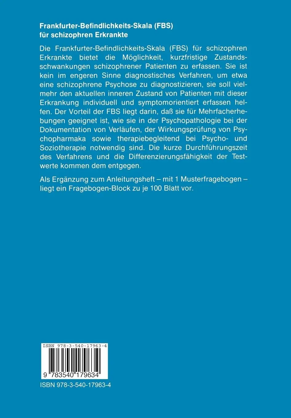 Rückseite: 9783540179634 | Frankfurter-Befindlichkeits-Skala (FBS) | für schizophren Erkrankte