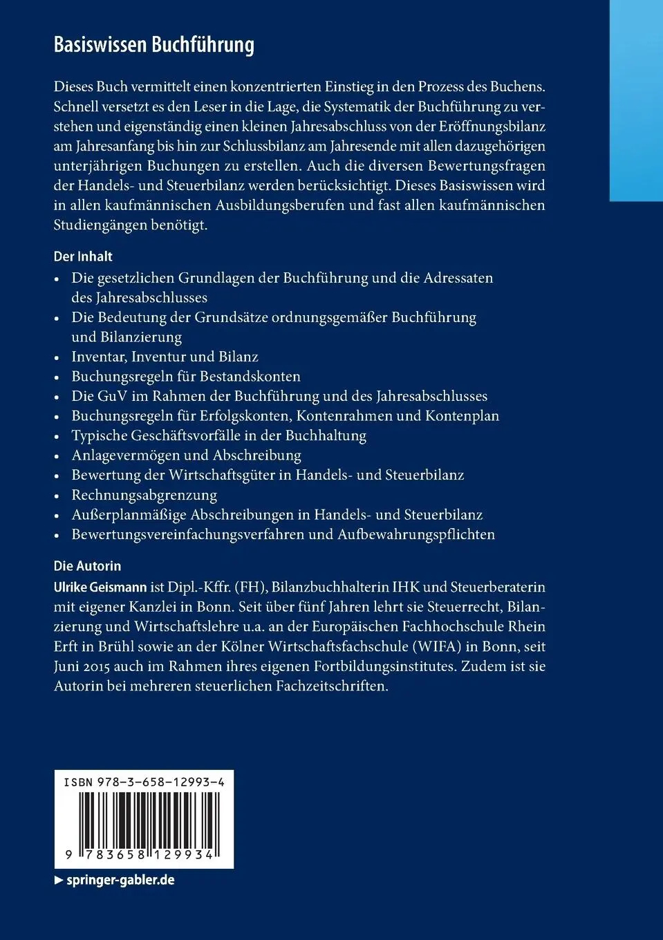 Rückseite: 9783658129934 | Basiswissen Buchführung | Ulrike Geismann | Taschenbuch | x | Deutsch