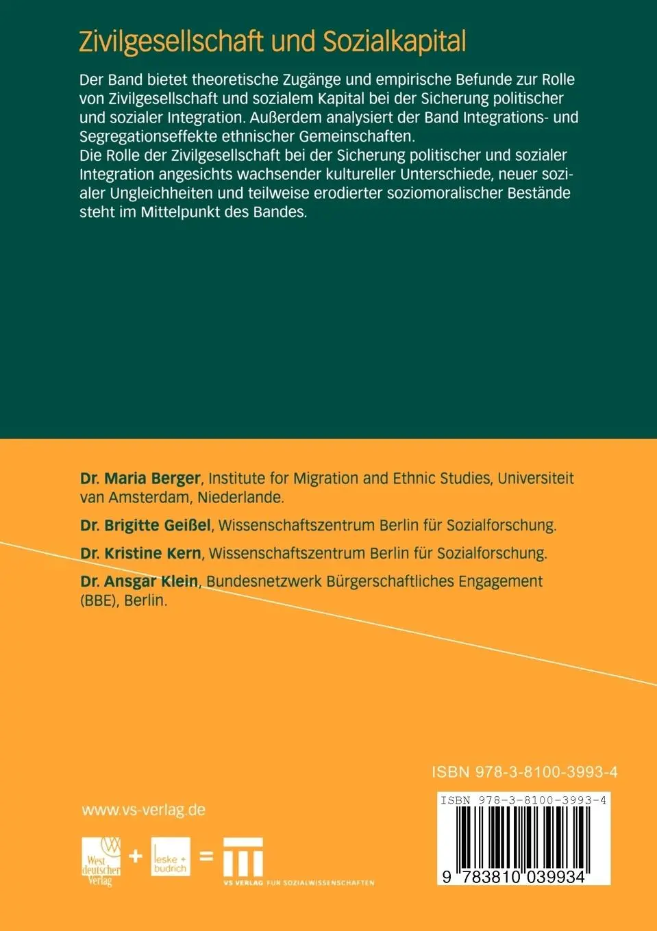 Rückseite: 9783810039934 | Zivilgesellschaft und Sozialkapital | Ansgar Klein (u. a.) | Buch