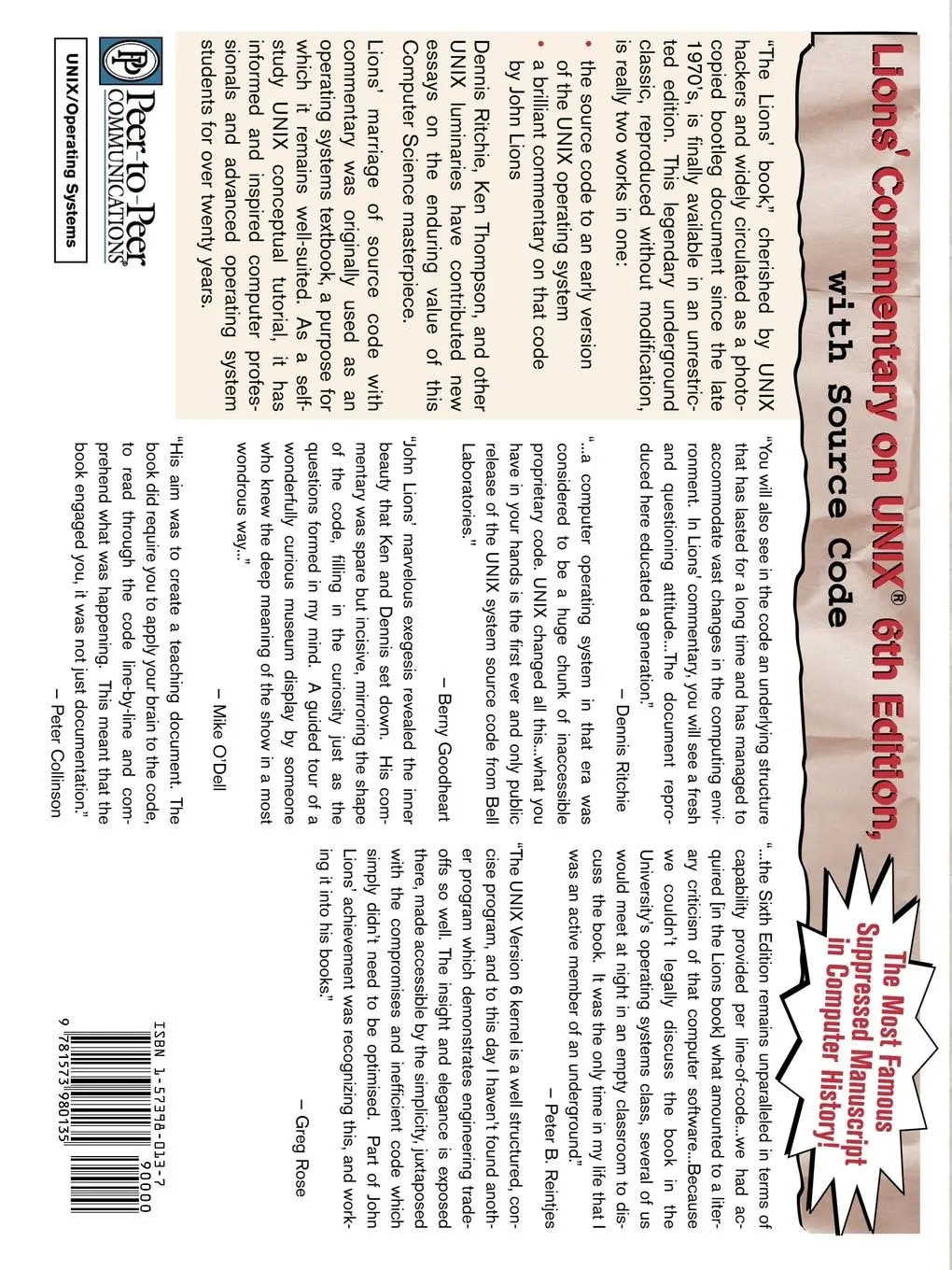 Rückseite: 9781573980135 | Lions' Commentary on Unix | John Lions | Taschenbuch | Englisch | 1996