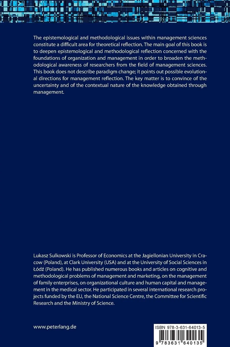 Rückseite: 9783631640135 | Epistemology of Management | Lukasz Sulkowski | Buch | Gebunden | 2013