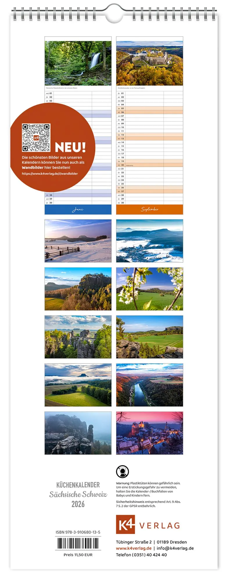 Bild: 9783910680135 | Küchenkalender Sächsische Schweiz 2026 | 15 x 40 cm weißes Kalendarium