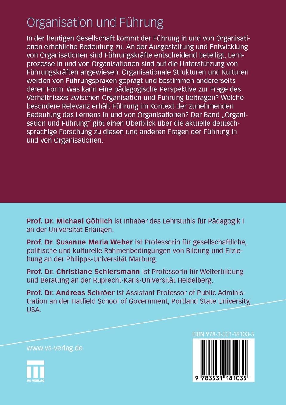 Rückseite: 9783531181035 | Organisation und Führung | Michael Göhlich (u. a.) | Taschenbuch